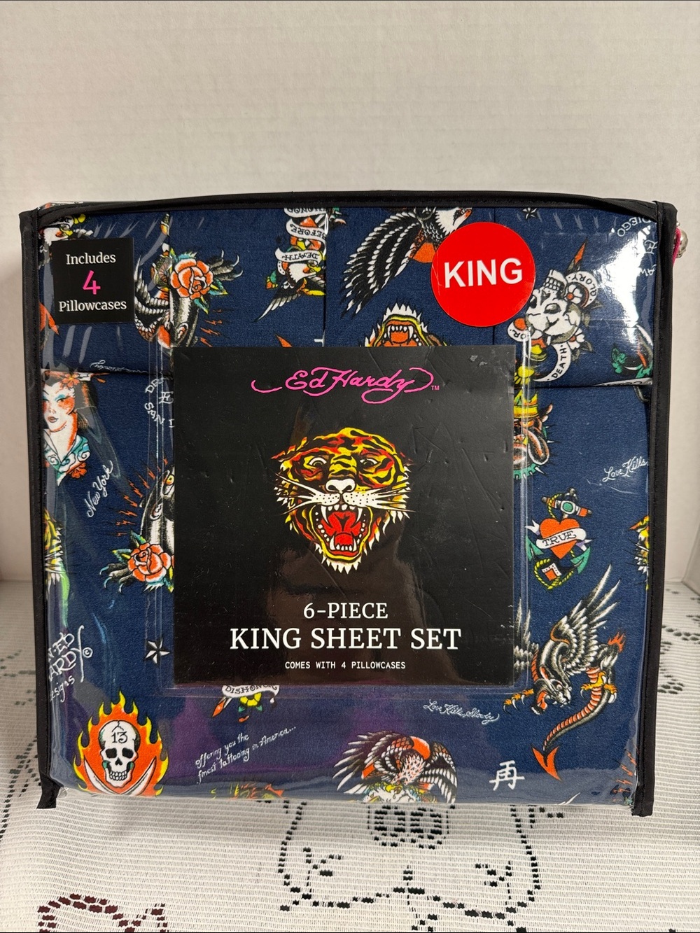 Ed Hardy Blue King Sheet Set Eagle Tiger Rose Panther Skull Swords Bulldog Heart